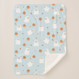 Cute Ghost & Pumpkin Blue Halloween Pattern Sherpa Blanket