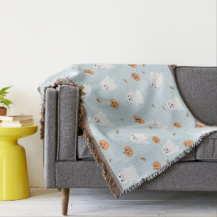 Cute Ghost & Pumpkin Blue Halloween Pattern Throw Blanket