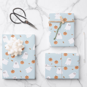 Cute Ghost & Pumpkin Blue Halloween Pattern Wrapping Paper Sheet