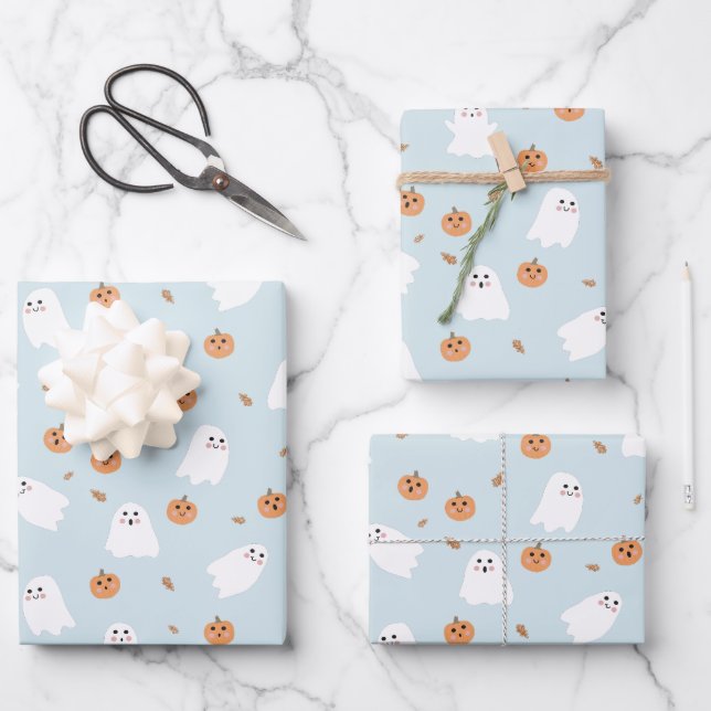 Cute Ghost & Pumpkin Blue Halloween Pattern Wrapping Paper Sheet (Front)