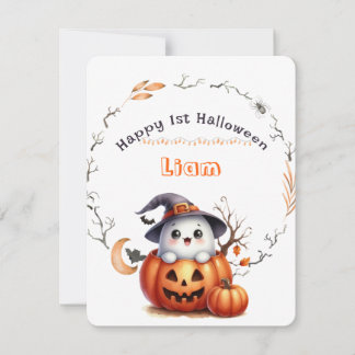 Cute Ghost Pumpkin Boy Happy 1st Halloween Holiday Card