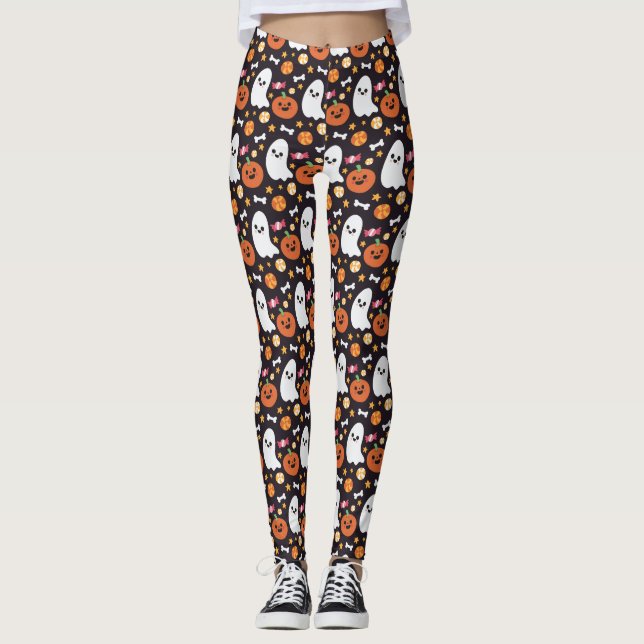 Cute Ghost, Pumpkin & Candy Halloween Pattern Leggings (Front)