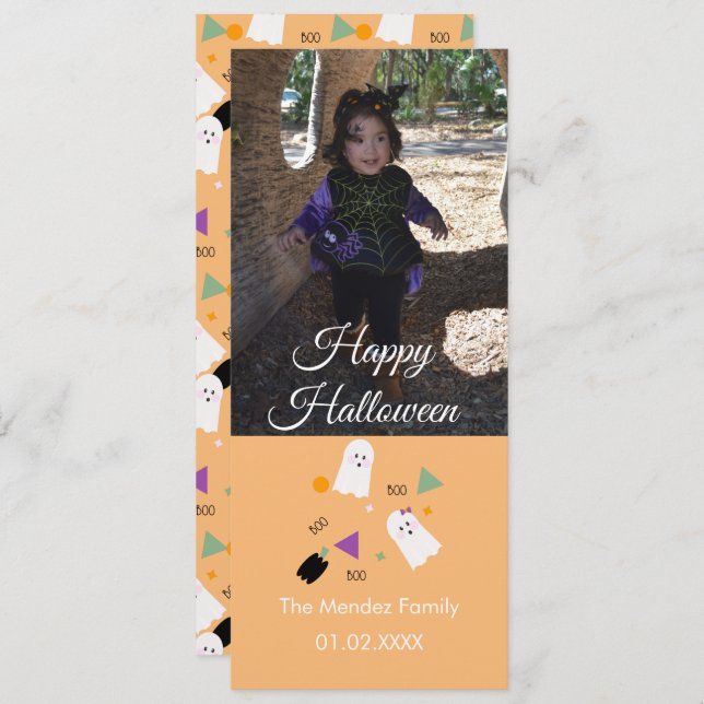 Cute Ghost Pumpkin Confetti Orange Photo Card (Front/Back)