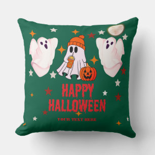 Cute Ghost & Pumpkin Custom Text Happy Halloween Cushion