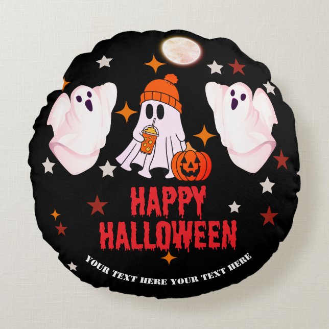 Cute Ghost & Pumpkin Custom Text Happy Halloween Round Cushion (Front)