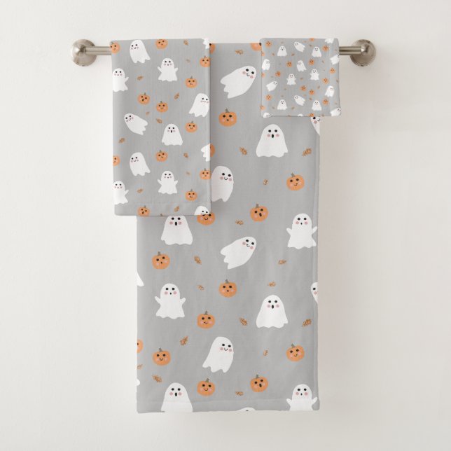 Cute Ghost & Pumpkin Grey Halloween Pattern Bath Towel Set (Insitu)