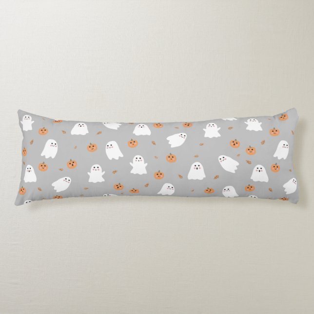 Cute Ghost & Pumpkin Grey Halloween Pattern Body Cushion (Front)