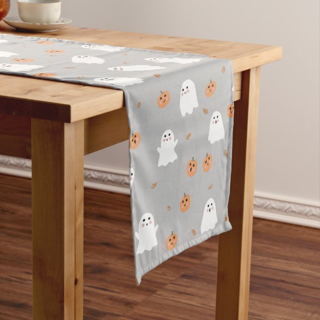 Cute Ghost & Pumpkin Grey Halloween Pattern Long Table Runner (In Situ)
