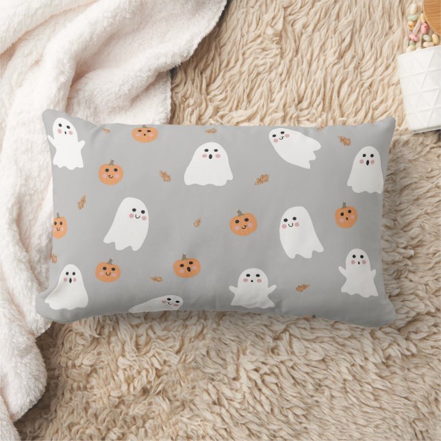 Cute Ghost & Pumpkin Grey Halloween Pattern Lumbar Cushion (Blanket)