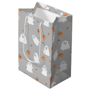 Cute Ghost & Pumpkin Grey Halloween Pattern Medium Gift Bag