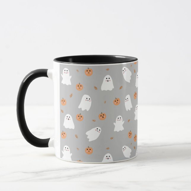 Cute Ghost & Pumpkin Grey Halloween Pattern Mug (Left)
