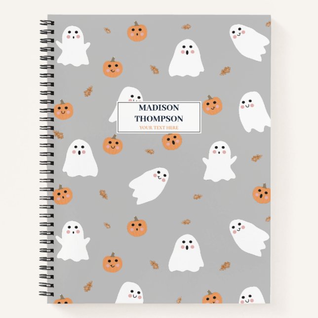 Cute Ghost & Pumpkin Grey Halloween Pattern Notebook (Front)