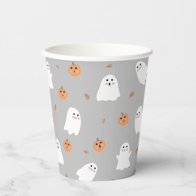 Cute Ghost & Pumpkin Grey Halloween Pattern Paper Cups (Front)