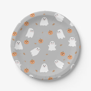 Cute Ghost & Pumpkin Grey Halloween Pattern Paper Plate