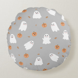 Cute Ghost & Pumpkin Grey Halloween Pattern Round Cushion