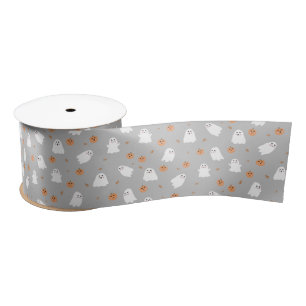 Cute Ghost & Pumpkin Grey Halloween Pattern Satin Ribbon