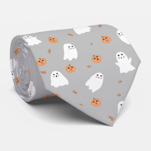 Cute Ghost & Pumpkin Grey Halloween Pattern Tie