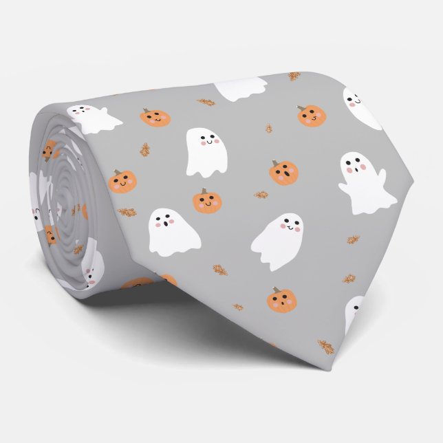 Cute Ghost & Pumpkin Grey Halloween Pattern Tie (Rolled)