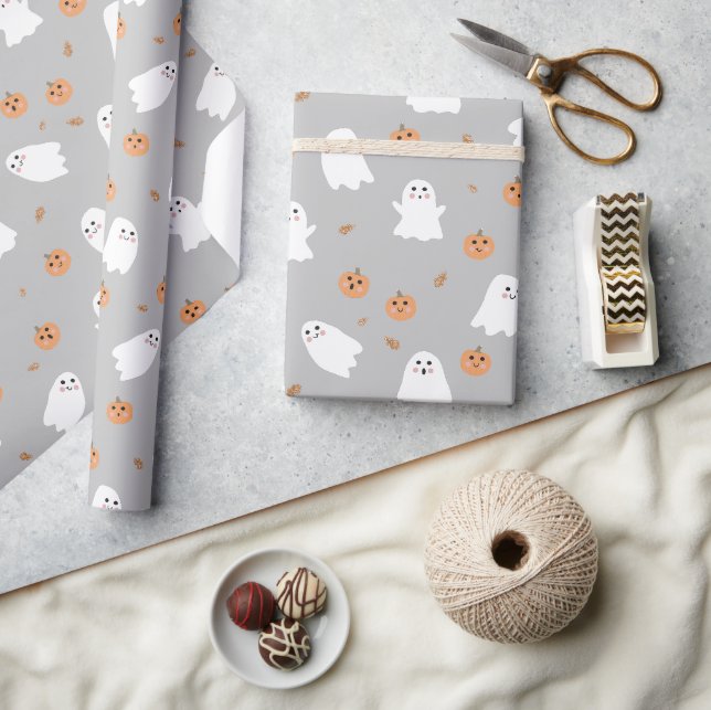 Cute Ghost & Pumpkin Grey Halloween Pattern Wrapping Paper (Crafts)
