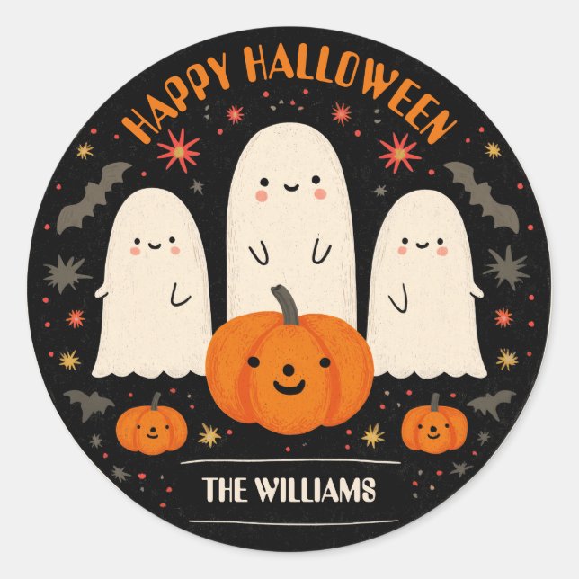 Cute Ghost & Pumpkin Halloween Classic Round Sticker (Front)