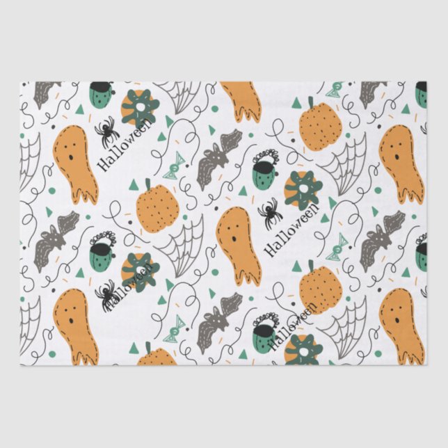Cute Ghost Pumpkin Halloween Doodles Illustrations Tissue Paper (Front)