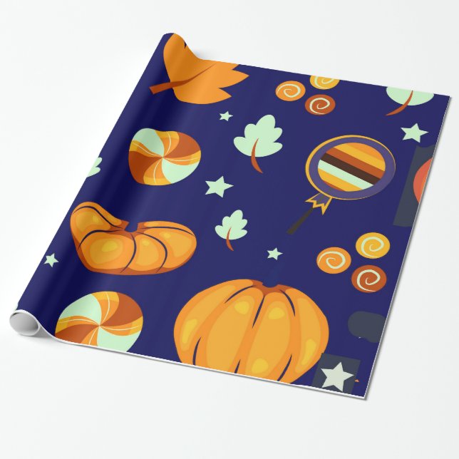 Cute Ghost Pumpkin Halloween Holiday Wrapping Paper (Unrolled)