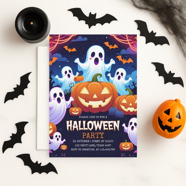 Cute Ghost & Pumpkin Halloween Kids Party Holiday Card (Creator Uploaded)