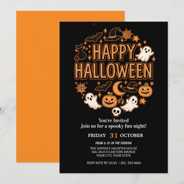 Cute Ghost & Pumpkin Halloween Party Invitation (Front/Back)