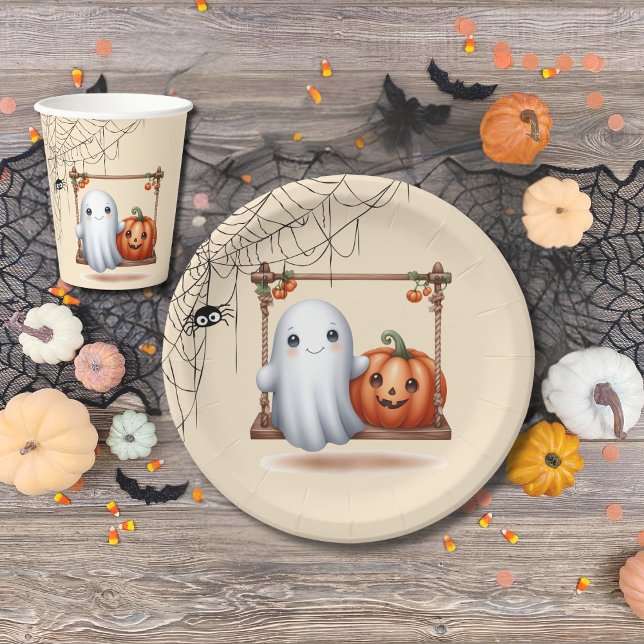 Cute Ghost Pumpkin Halloween Party Paper Plate (Creator Uploaded)