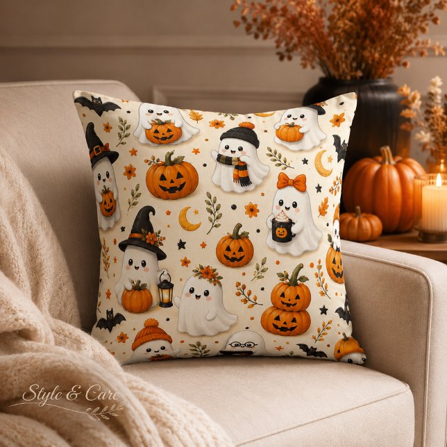 Cute Ghost & Pumpkin Halloween Pattern Cushion (Cute Ghost & Pumpkin Halloween Pattern Throw Pillow)