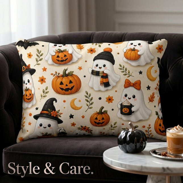 Cute Ghost & Pumpkin Halloween Pattern Decorative Cushion (Cute Ghost & Pumpkin Halloween Pattern Accent Pillow)