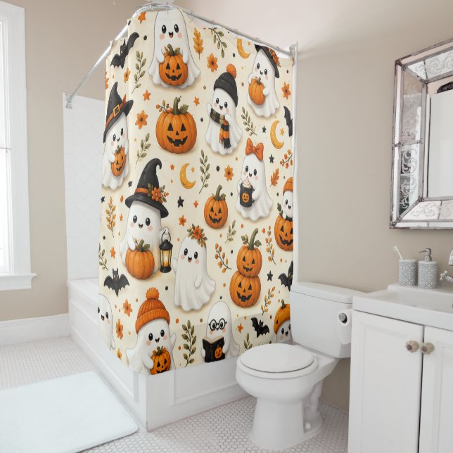 Cute Ghost & Pumpkin Halloween Pattern Shower Curtain (In Situ)