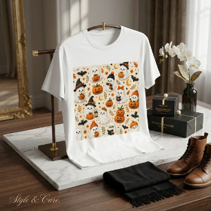 Cute Ghost & Pumpkin Halloween Pattern T-Shirt