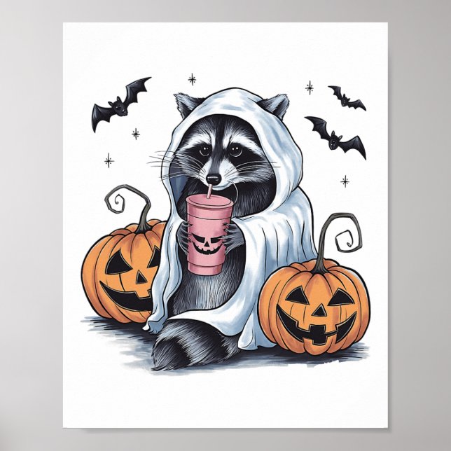 Cute Ghost Pumpkin Halloween Racoon Costume Racco Poster (Front)