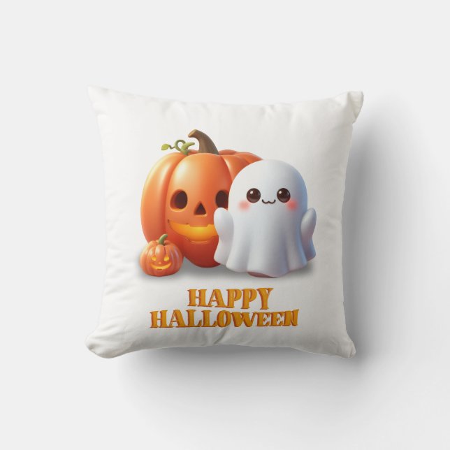 Cute Ghost & Pumpkin Happy Halloween  Cushion (Front)