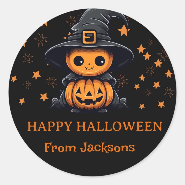 Cute Ghost Pumpkin Happy Halloween Personalised Classic Round Sticker (Front)