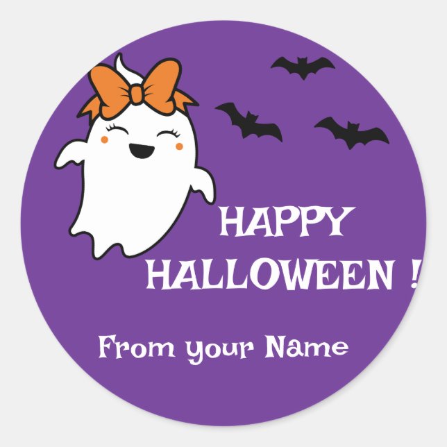 Cute Ghost Pumpkin Happy Halloween Personalised Classic Round Sticker (Front)