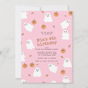 Cute Ghost & Pumpkin Pink Halloween Birthday Party Invitation