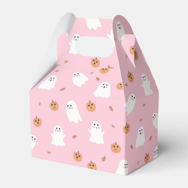 Cute Ghost & Pumpkin Pink Halloween Pattern Favour Box (Front Side)