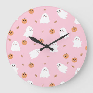 Cute Ghost & Pumpkin Pink Halloween Pattern Large Clock