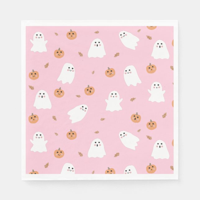 Cute Ghost & Pumpkin Pink Halloween Pattern Napkin (Front)