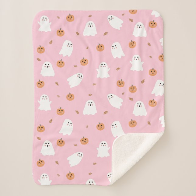 Cute Ghost & Pumpkin Pink Halloween Pattern Sherpa Blanket (Front)
