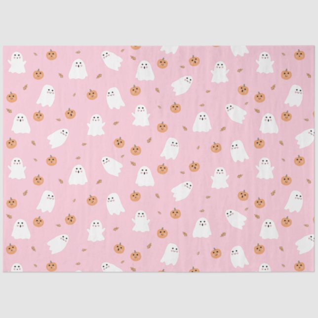 Cute Ghost & Pumpkin Pink Halloween Pattern Tissue Paper (Front)