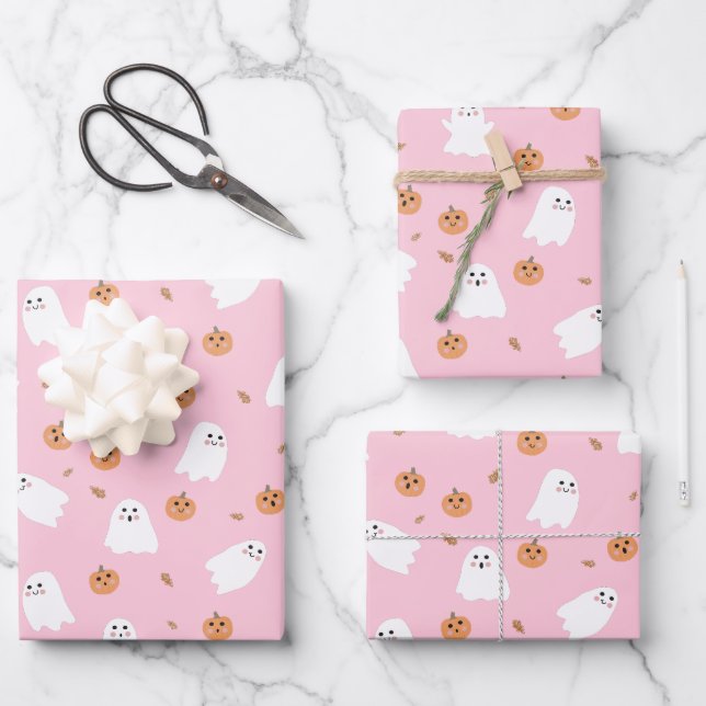 Cute Ghost & Pumpkin Pink Halloween Pattern Wrapping Paper Sheet (Front)