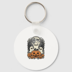 Cute Ghost Pumpkin Shirt Vintage Engraving Hallowe Key Ring