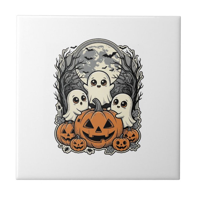 Cute Ghost Pumpkin Shirt Vintage Engraving Hallowe Tile (Front)