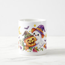 Cute Ghost Pumpkin Witch Hat Halloween Mug
