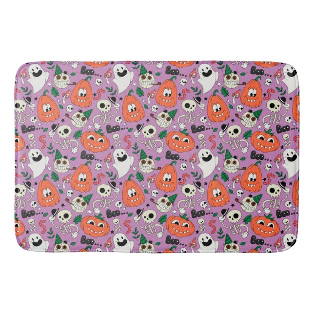 Cute Ghost Pumpkins and Skeletons  Bath Mat (Front)