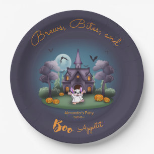 Cute ghost pumpkins Haunted House Halloween Paper Plate
