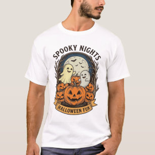 Cute Ghost Pumpkins Vintage Engraving Halloween Ar T-Shirt